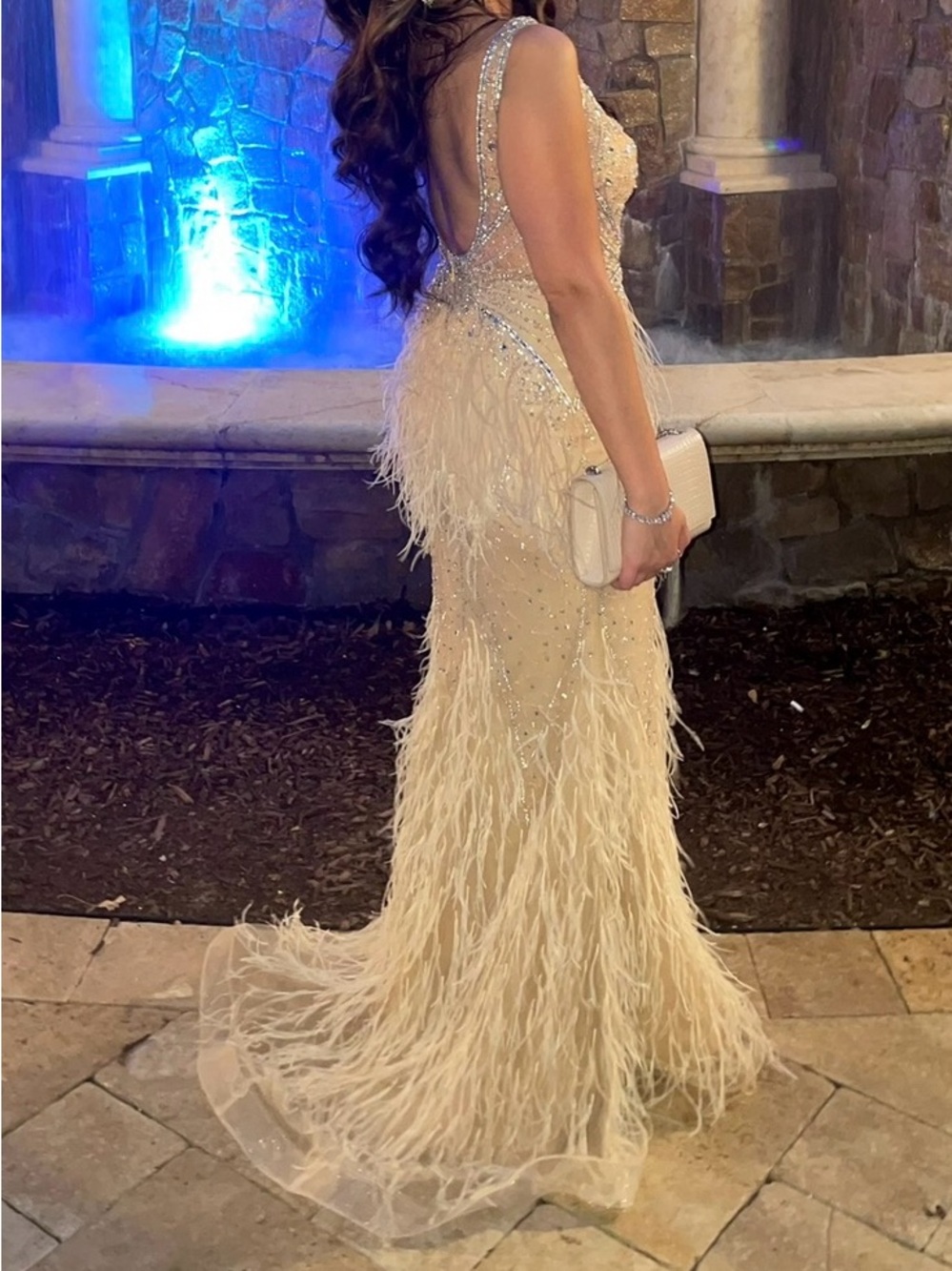 Jovani Cream Feather & Beaded Evening Gown - Picture 2 of 7